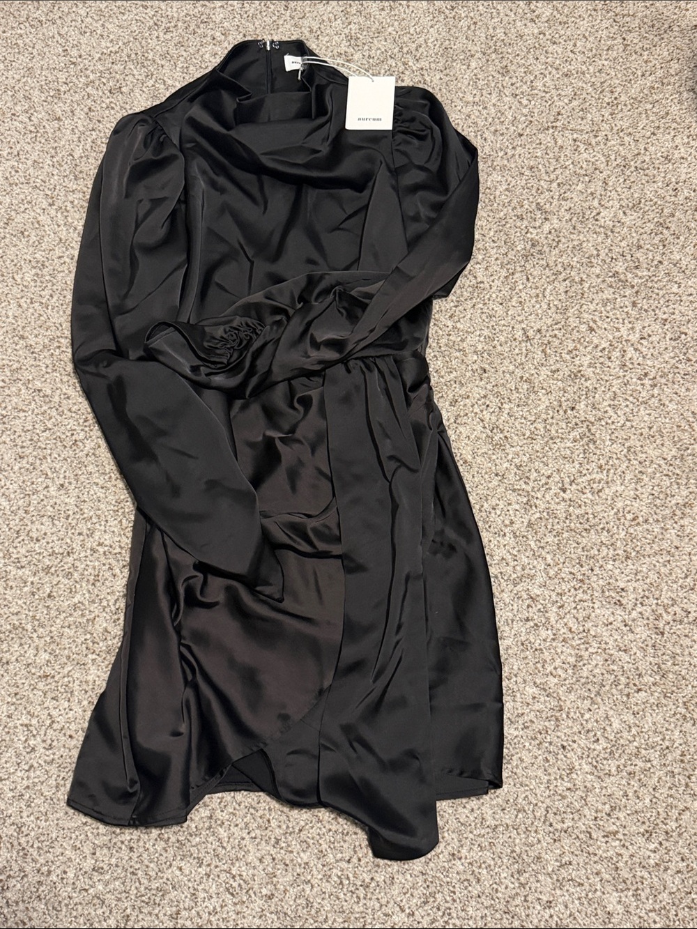 AUREUM Black Satin Long-Sleeve Wrap Dress